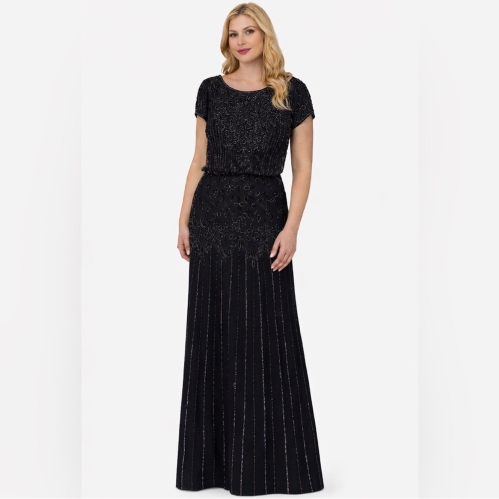 Adrianna Papell Beaded Black Gown SZ 4 NWT Formal Evening Dress MODEST GALA MOB